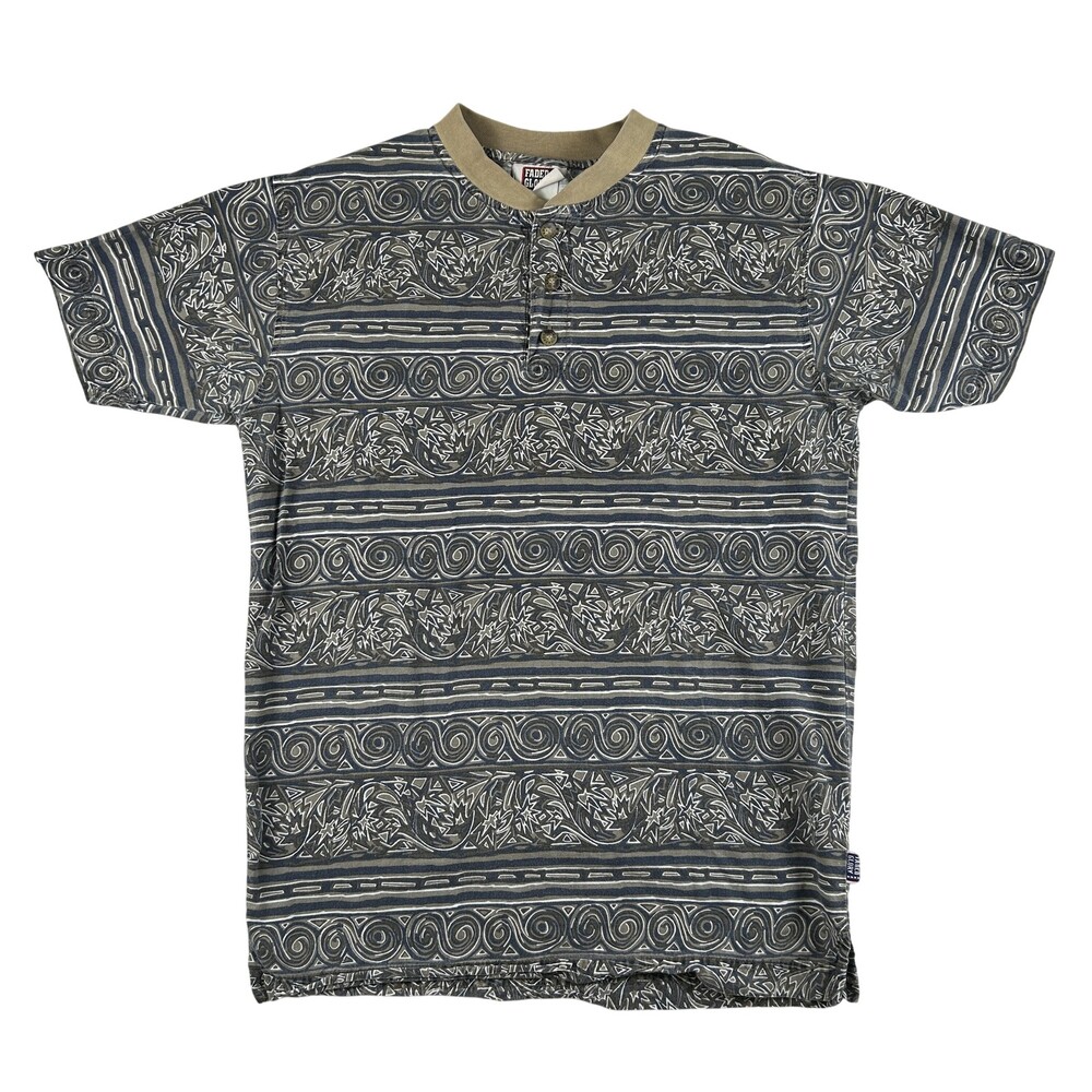 Vintage Faded Glory Shirt Mens Large Geometric Henley Allover Print Retro Tribal